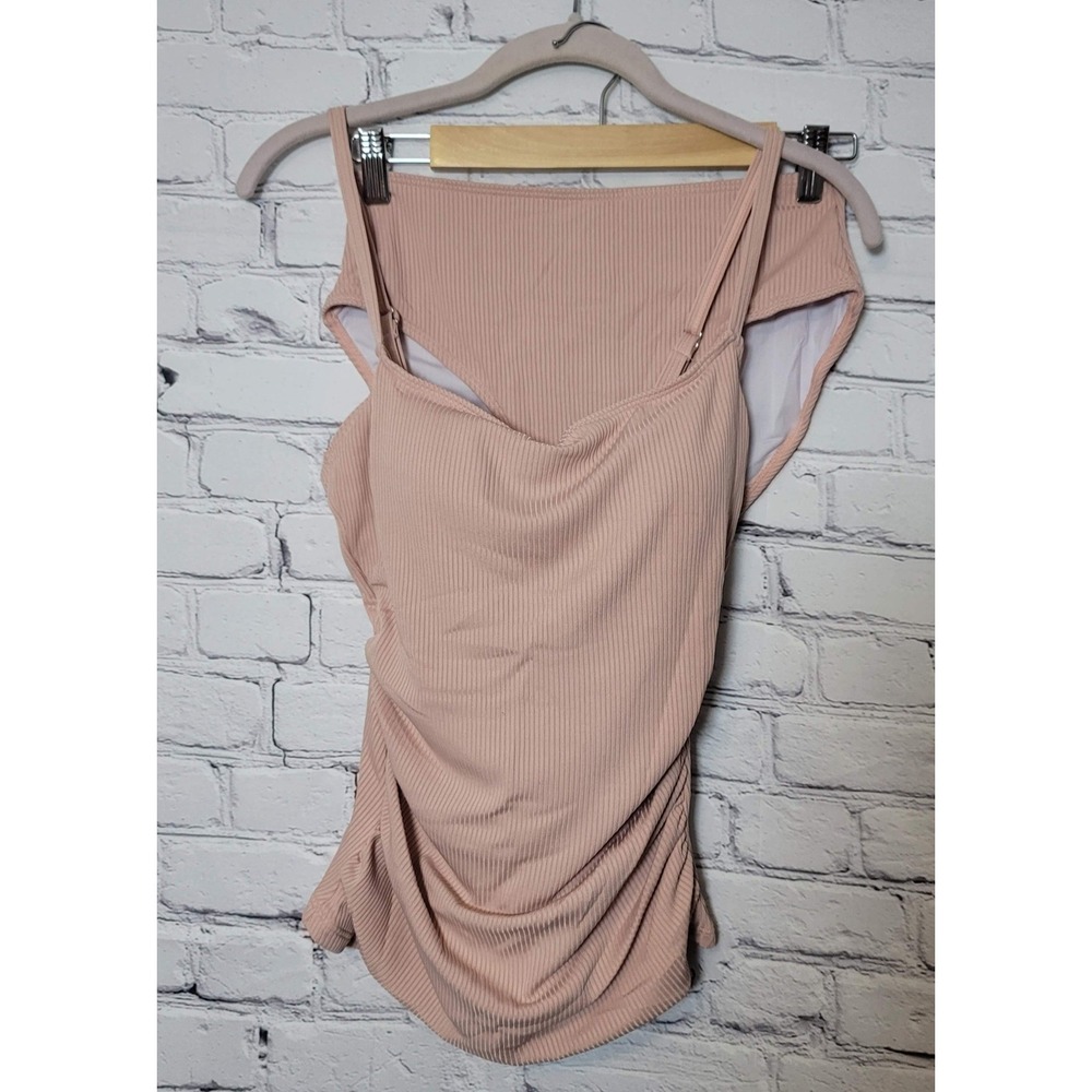 Eomenie Womens Ribbed Cowl Neck Tankini Set Pink High Waist Bikini Small NWT
